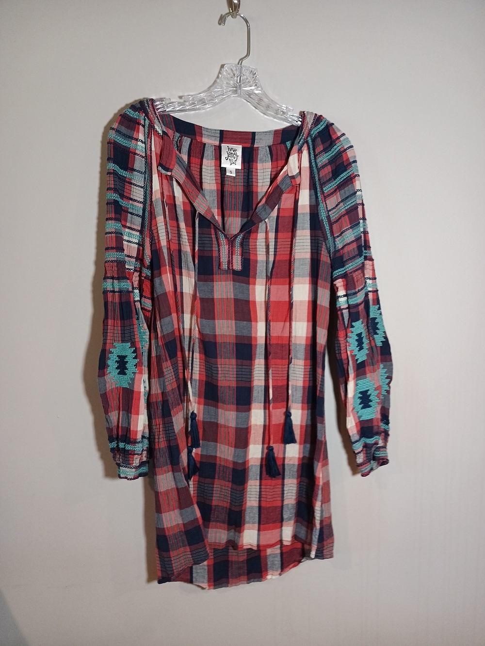 IVY JANE Plaid Tassel Tunic Dress with Aztec Sleeve Detail Red Navy Teal Size S